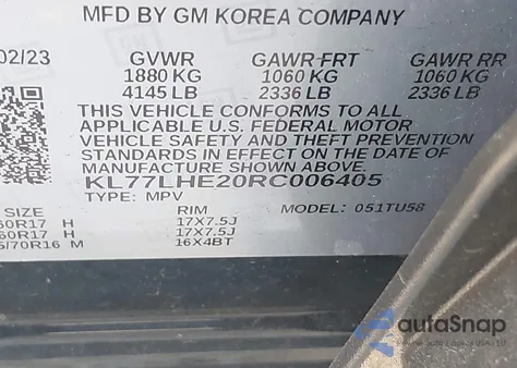 2024 Chevrolet Trax Fwd Lt из США, поврежденный, VIN KL77LHE20RC006405